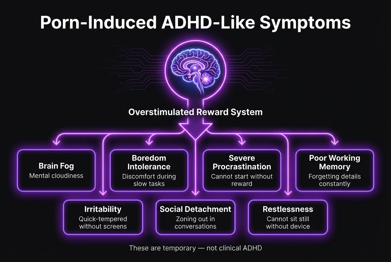 Diagram showing seven ADHD-like symptoms caused by an overstimulated reward system from excessive porn use, including brain fog, boredom intolerance, and procrastination