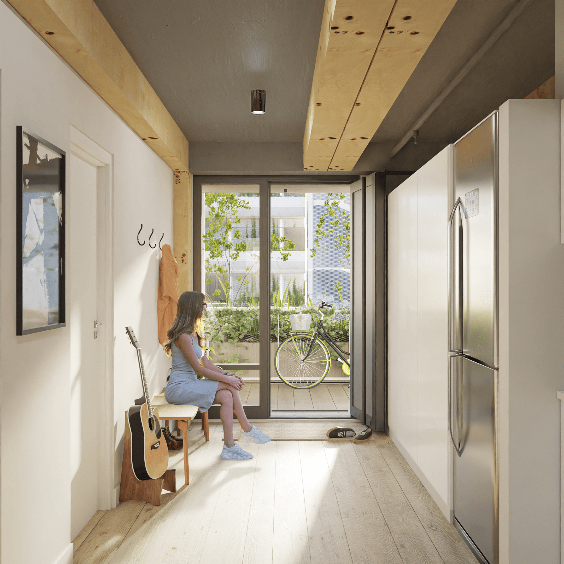 Daytime interior render looking towards the front door of a typical unit.