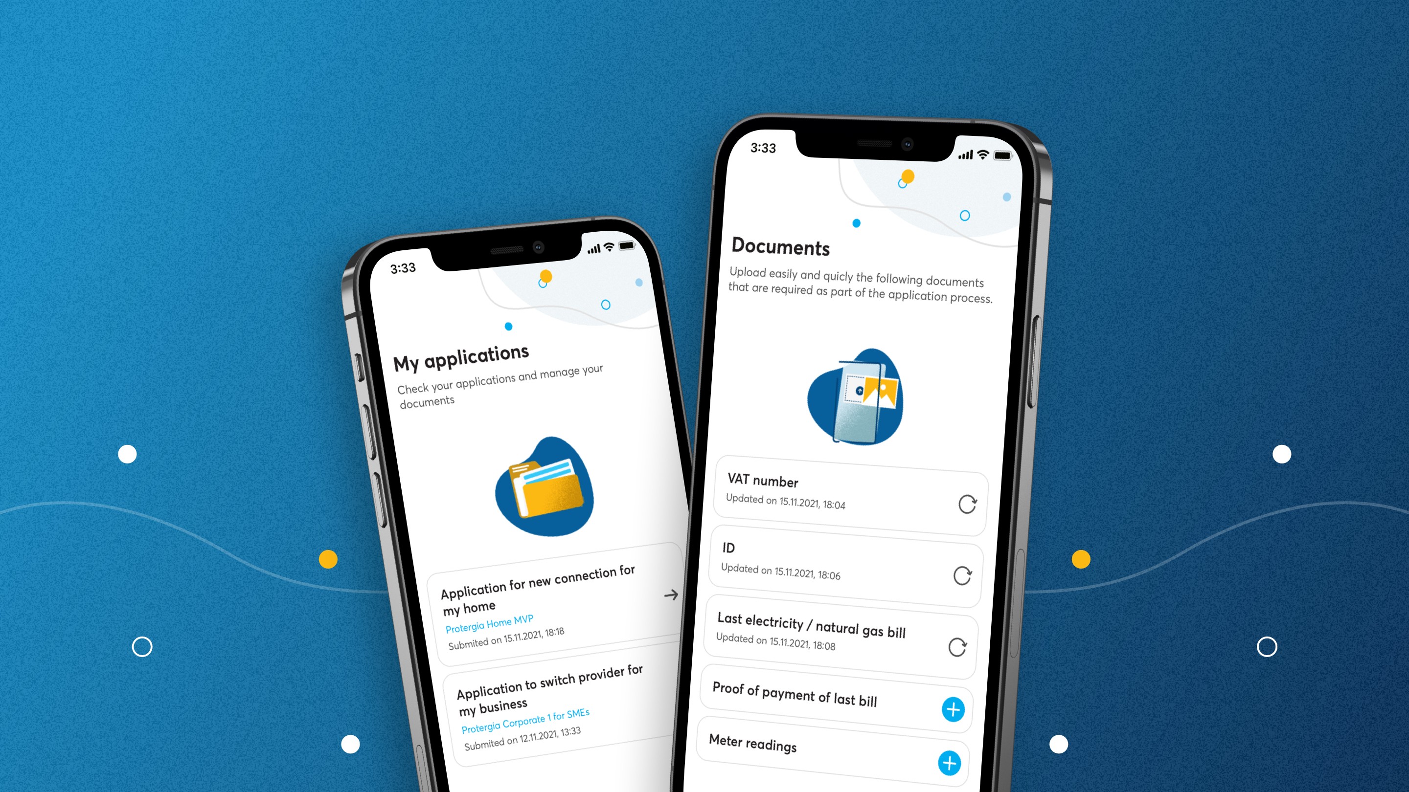 Protergia On mobile app displaying required and submitted onboarding documents