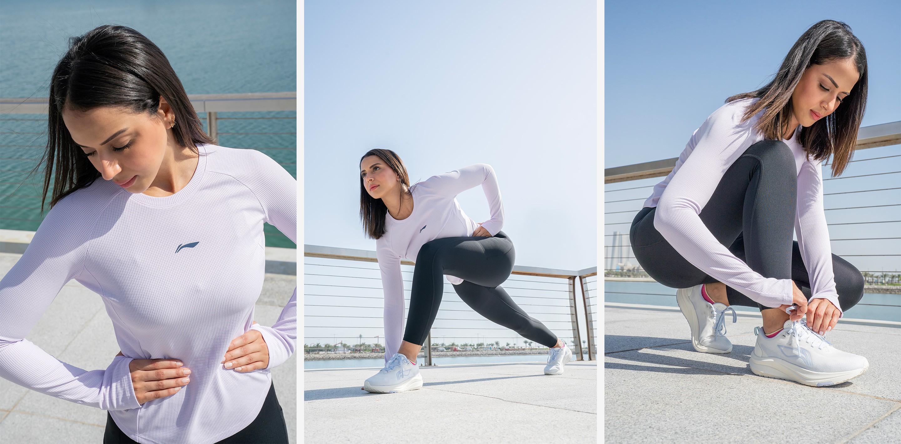 Three running shots by the water: a woman in a lilac Li-Ning top stretching, lunging and tying her shoe, shot as fashion editorial.