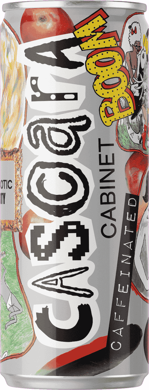 Cascara Cabinet Boom can floating — caffeinated prebiotic soda for natural energy and gut health.