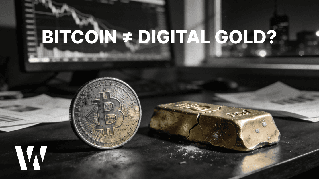 Black-and-white image of a Bitcoin coin next to a cracked gold bar on a desk with a falling price chart, highlighting the “Bitcoin digital gold” narrative in risk-off markets