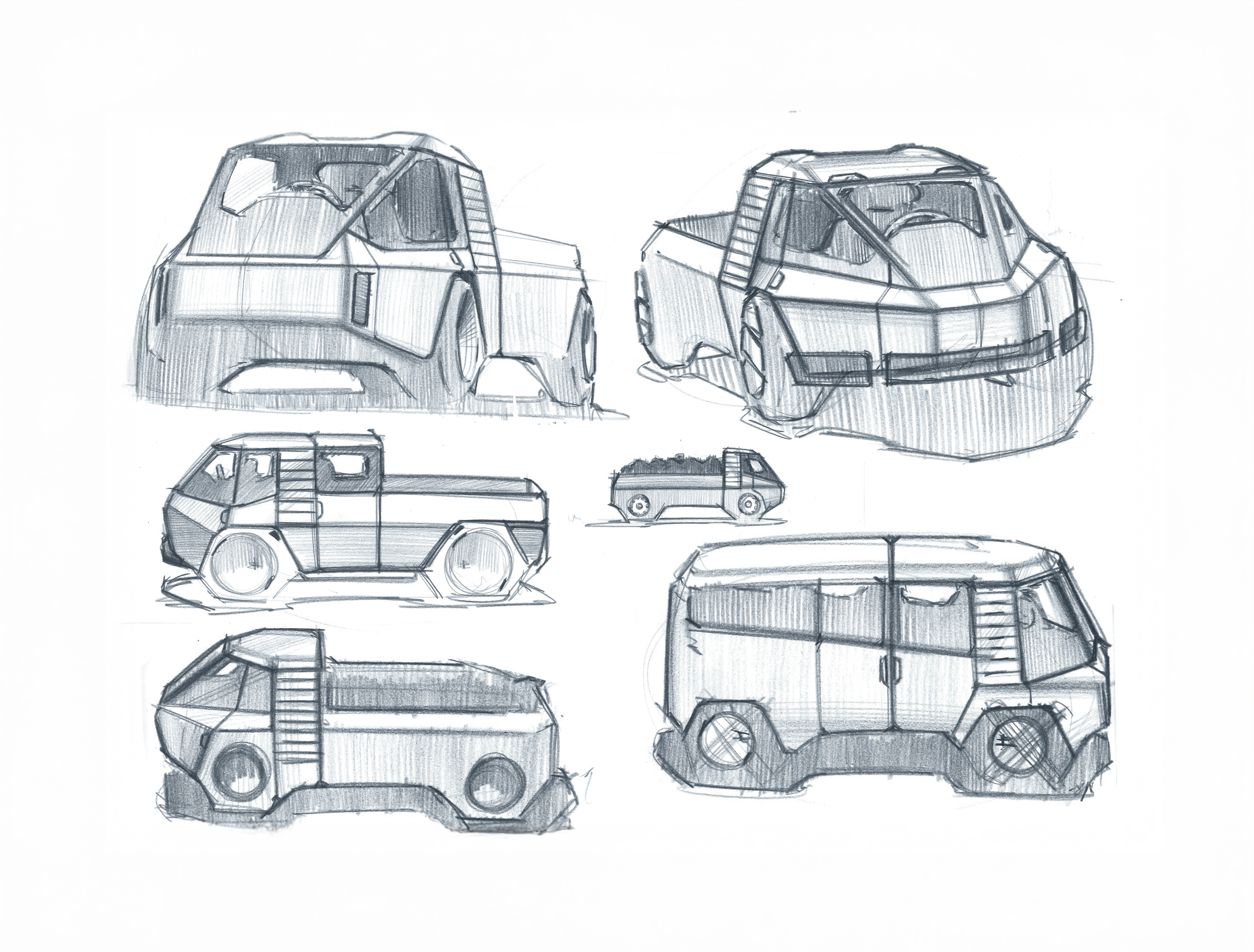 Sketch sheet showing design development and early concepts of mining vehicle project