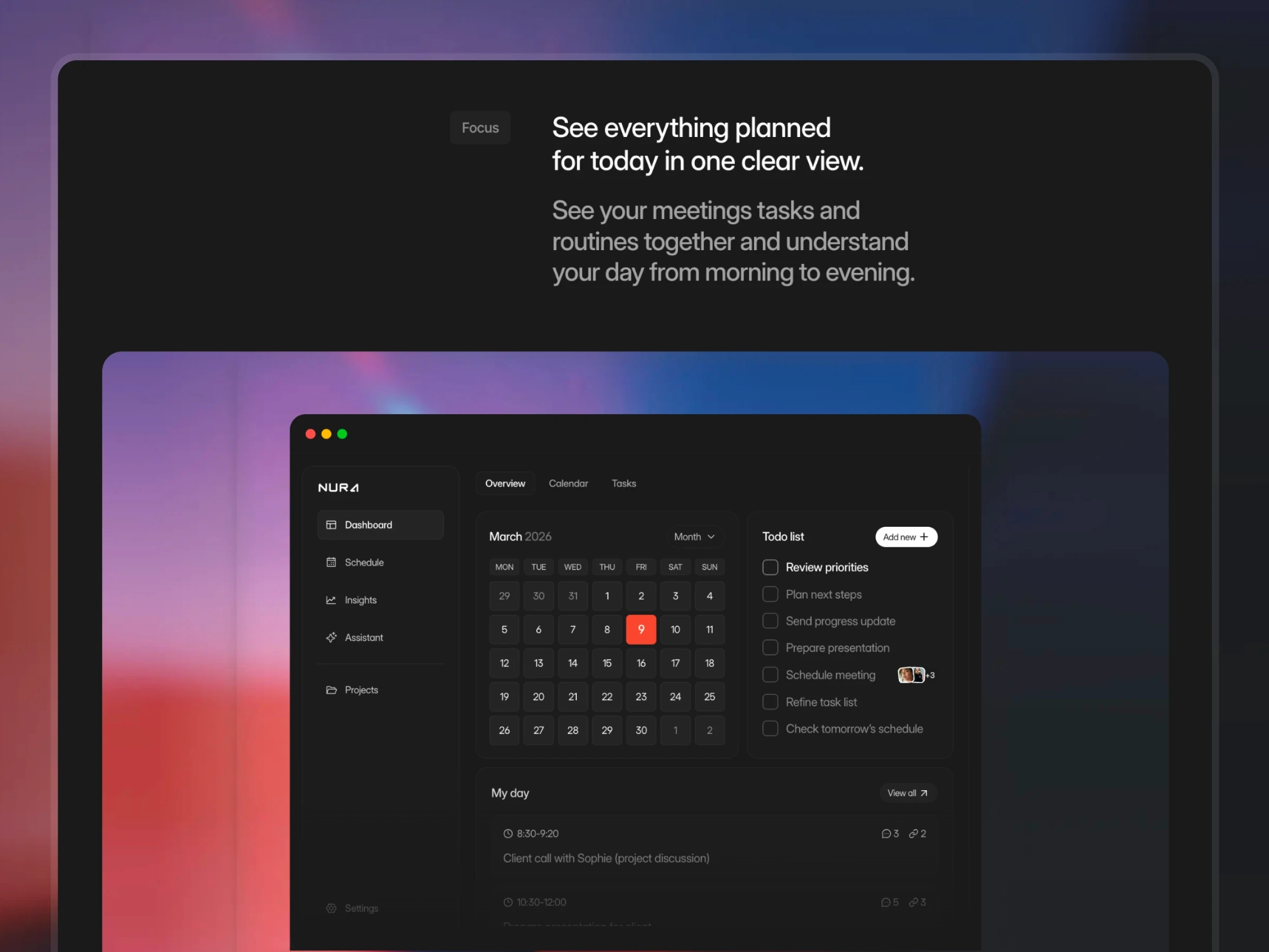 dark mode productivity dashboard with calendar, tasks, and structured planning interface