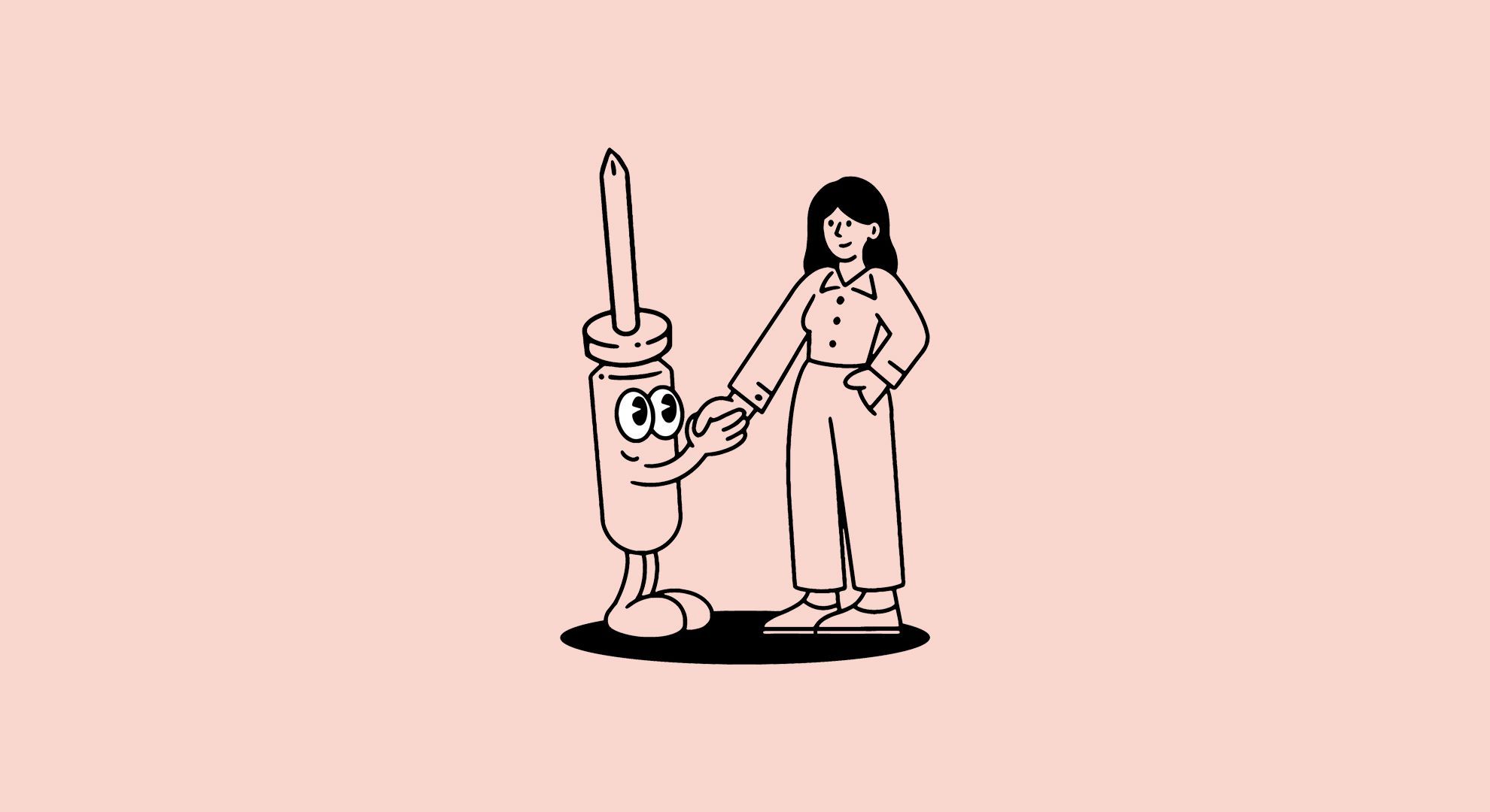 A cute line illustration of a screwdriver with arms, legs and eyes shaking hands with a young woman.