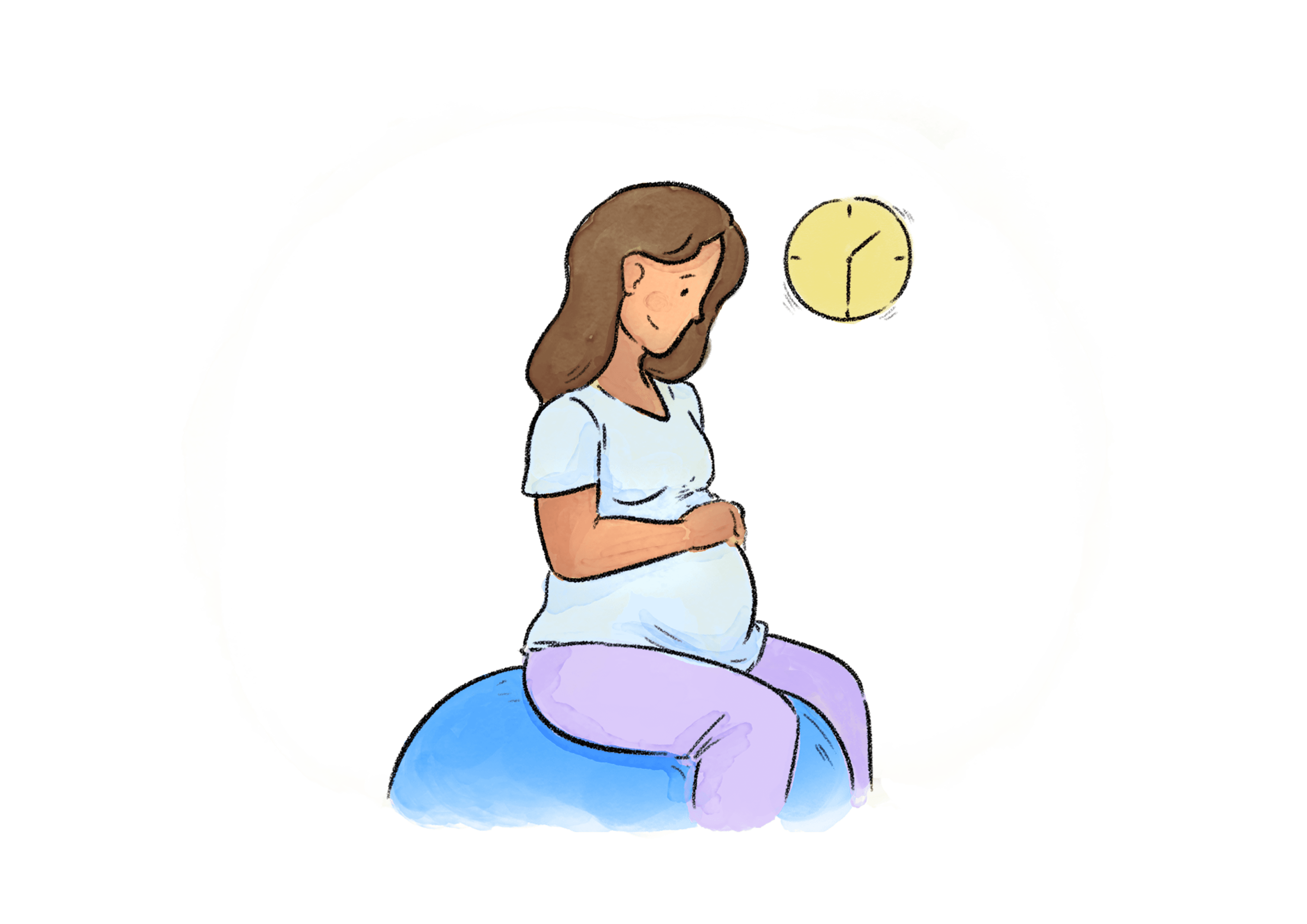 An illustration of a woman sitting on a yoga ball looking at her pregnant belly. There is a clock suggesting that she is waiting.