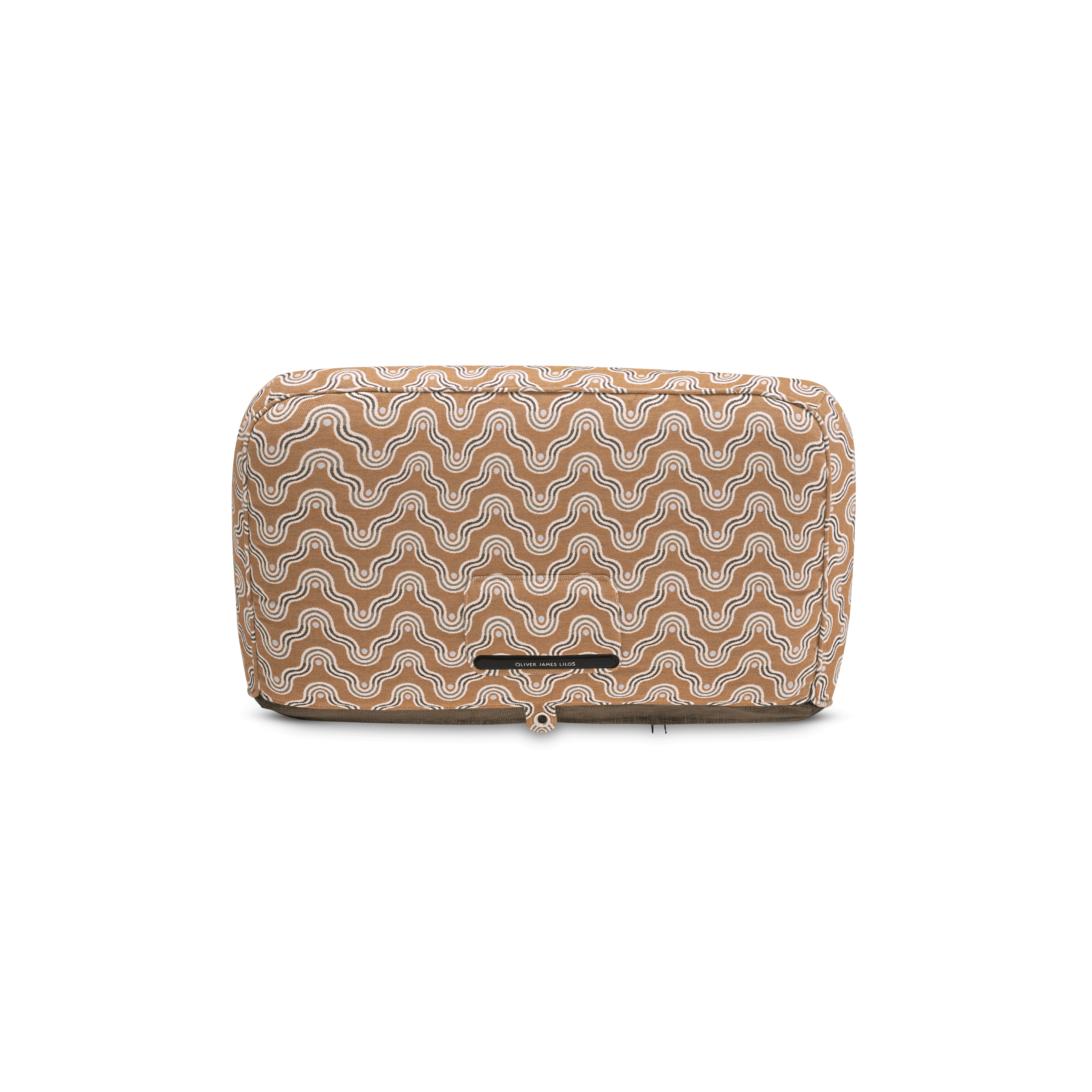 Back-facing pool float in two-tone brown block-print weave showing quilted panels and brown base