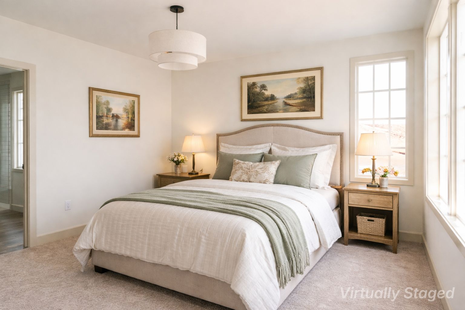 Virtually staged master bedroom.