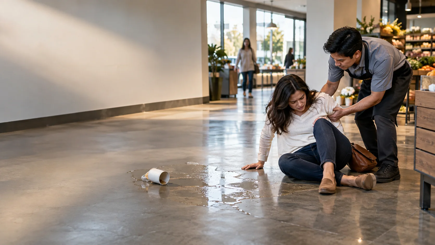 Wet floor sign warning of a slipping hazard – Contact a slip and fall lawyer for legal help