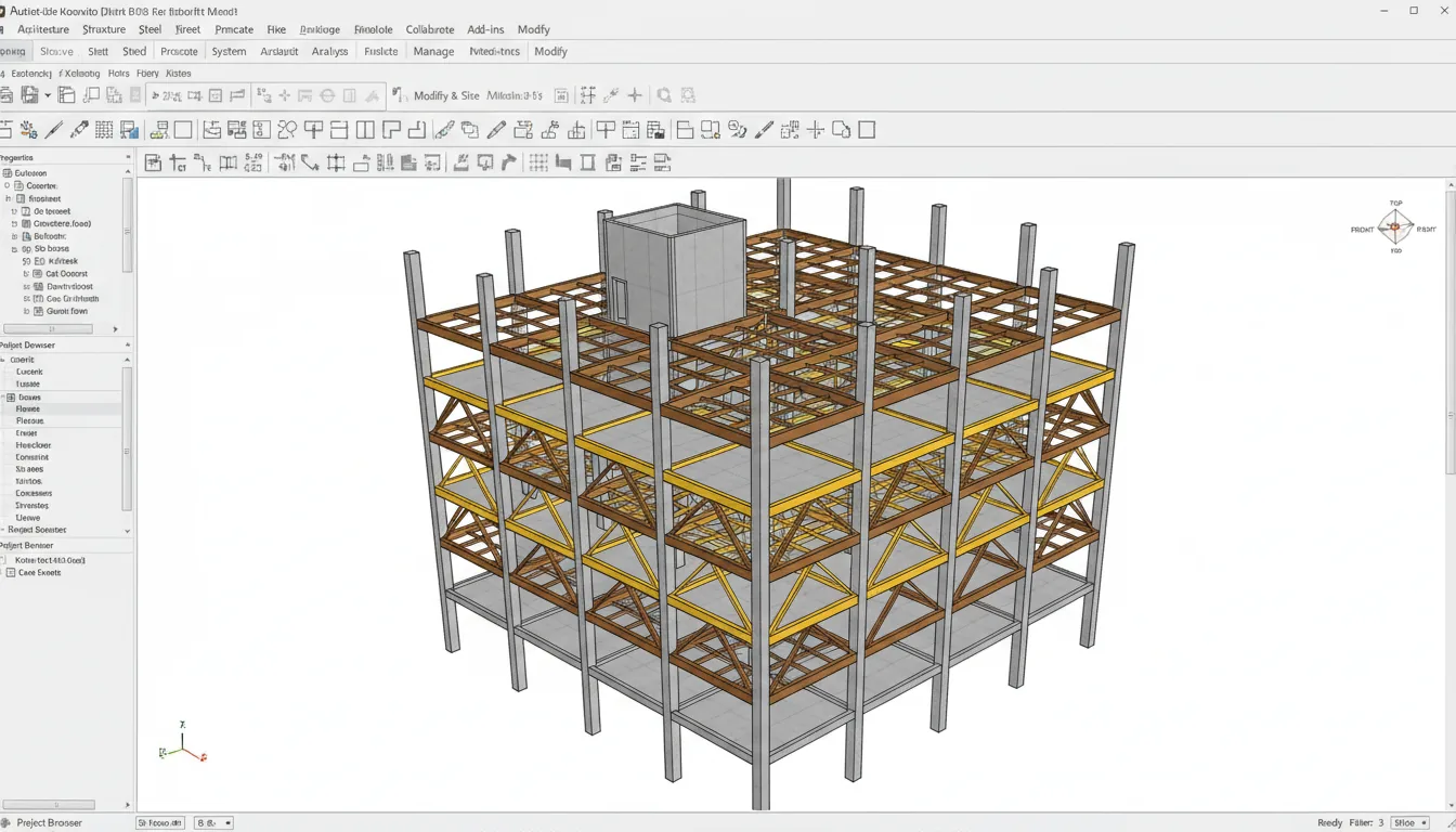 Screenshot of Autodesk Revit architectural design software in a Clean Light Mode. The interface features a comprehensive top ribbon toolbar with numerous placeholder icons and abstracted text labels for tools like 'Structure' and 'Modify'. The main viewport dominates the screen, showcasing a complex 3D model of a building's structural skeleton from a high-angle three-quarters perspective. This detailed BIM model consists of concrete columns and a multi-level grid of steel beams and trusses, with structural elements color-coded in gray, yellow, and dark brown. A 3D navigation cube widget is visible in the top-right corner of the viewport. The overall aesthetic is clean, technical, and precise, set against a plain white viewport background.
