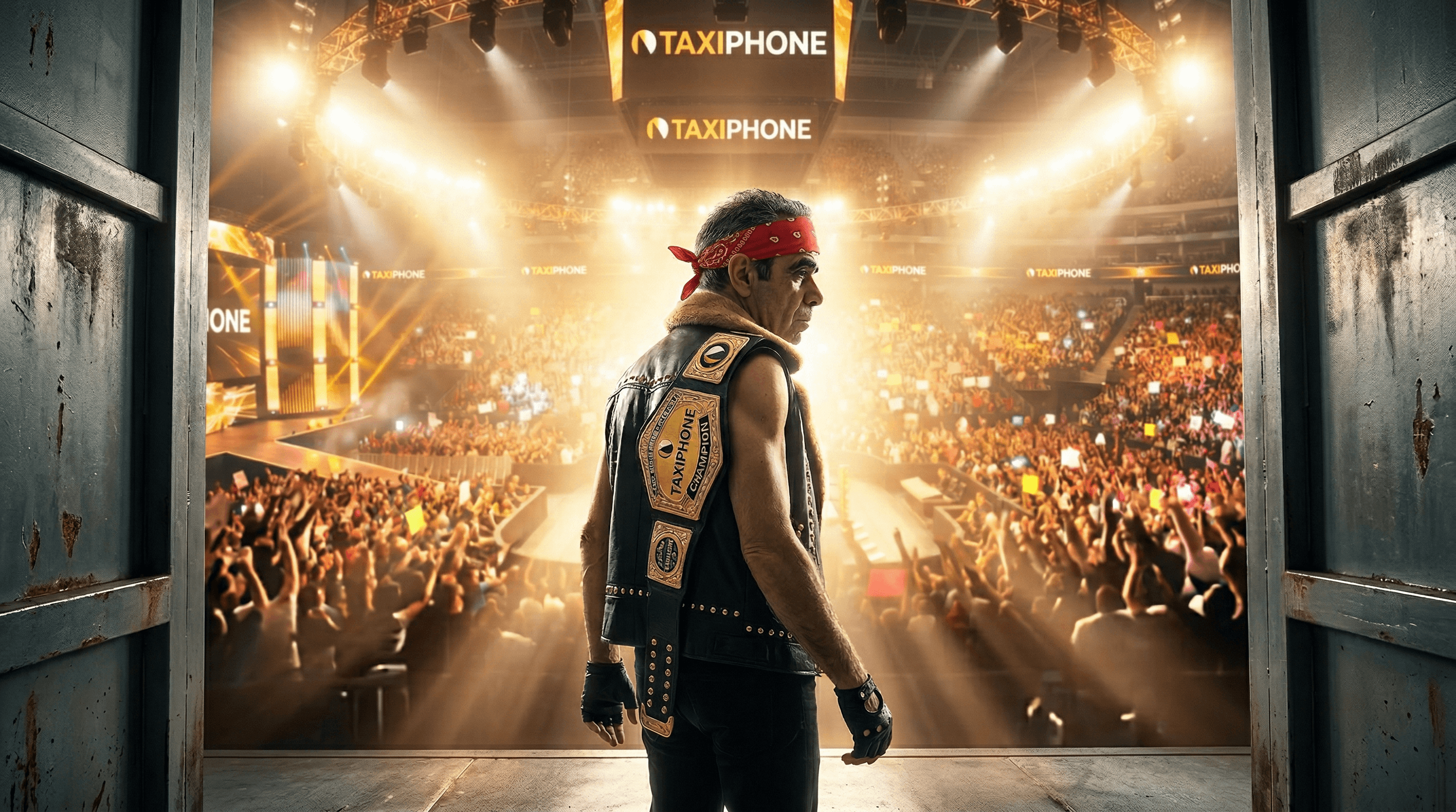 Wrestler entering a brightly lit arena with Taxiphone branding