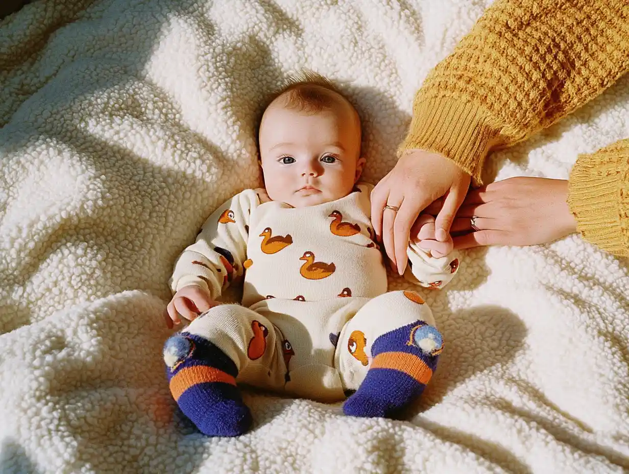 A baby lying on a soft blanket, holding hands with a caregiver, symbolizing the specialized and attentive expertise provided by United Nannies.