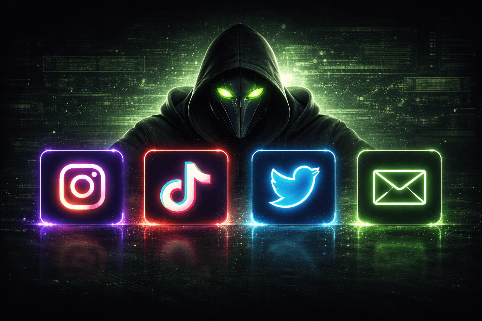Cipher figure displayed behind social media icons for Instagram, TikTok, X, and email, representing ways to connect with Anonymous Tips