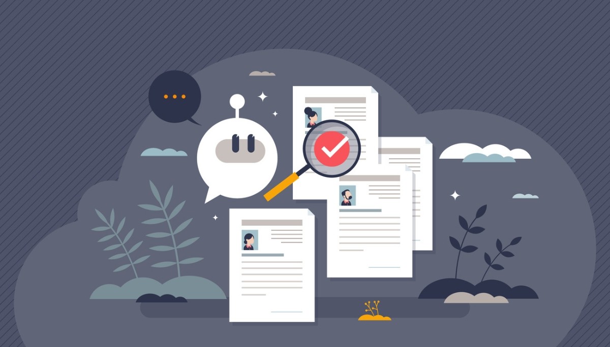 Illustration of a robot icon reviewing resumes with a magnifying glass and checkmark.
