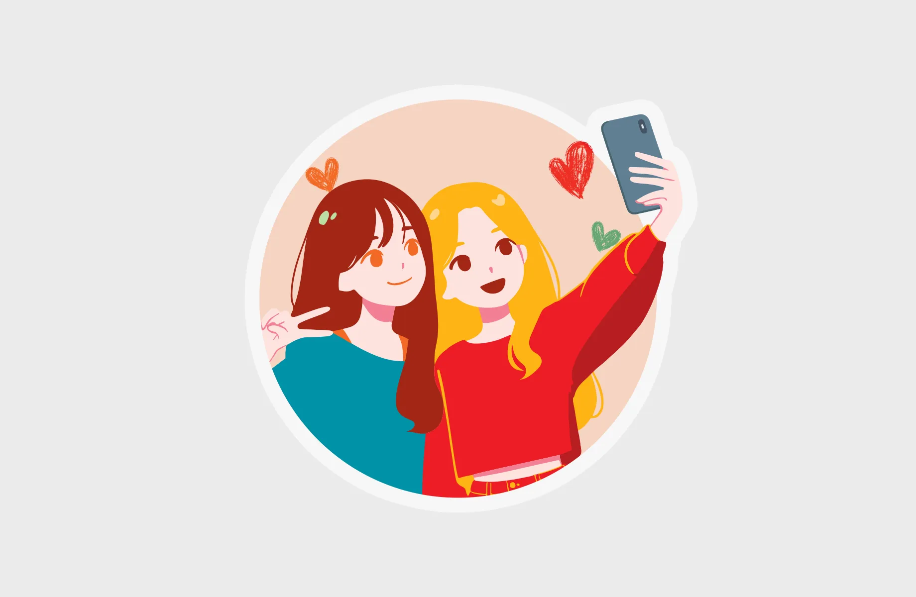Save the Children Hong Kong World Children’s Day 2024 illustration – cheerful girl with heart emojis taking selfie, vibrant and positive campaign visual by Teatime Studio.