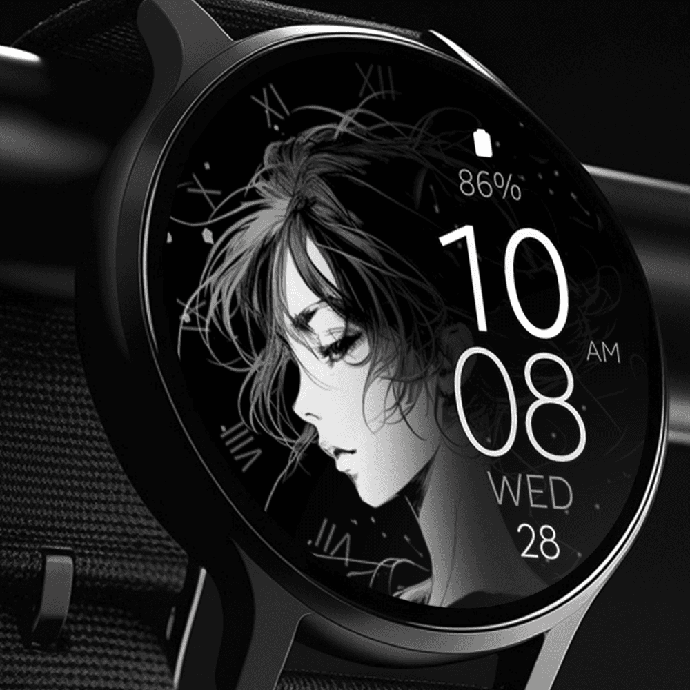 Modern Wear OS smartwatch displaying an anime watch face