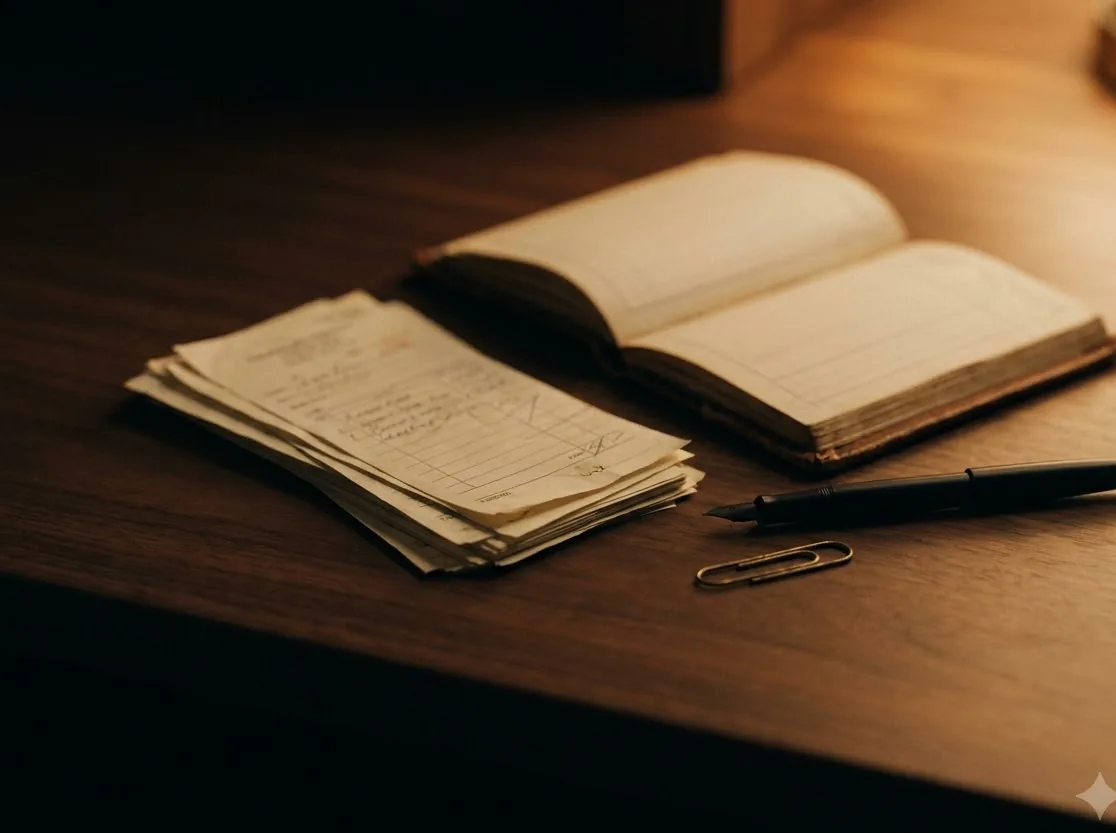An open notebook, loose pages and a pen on dark walnut