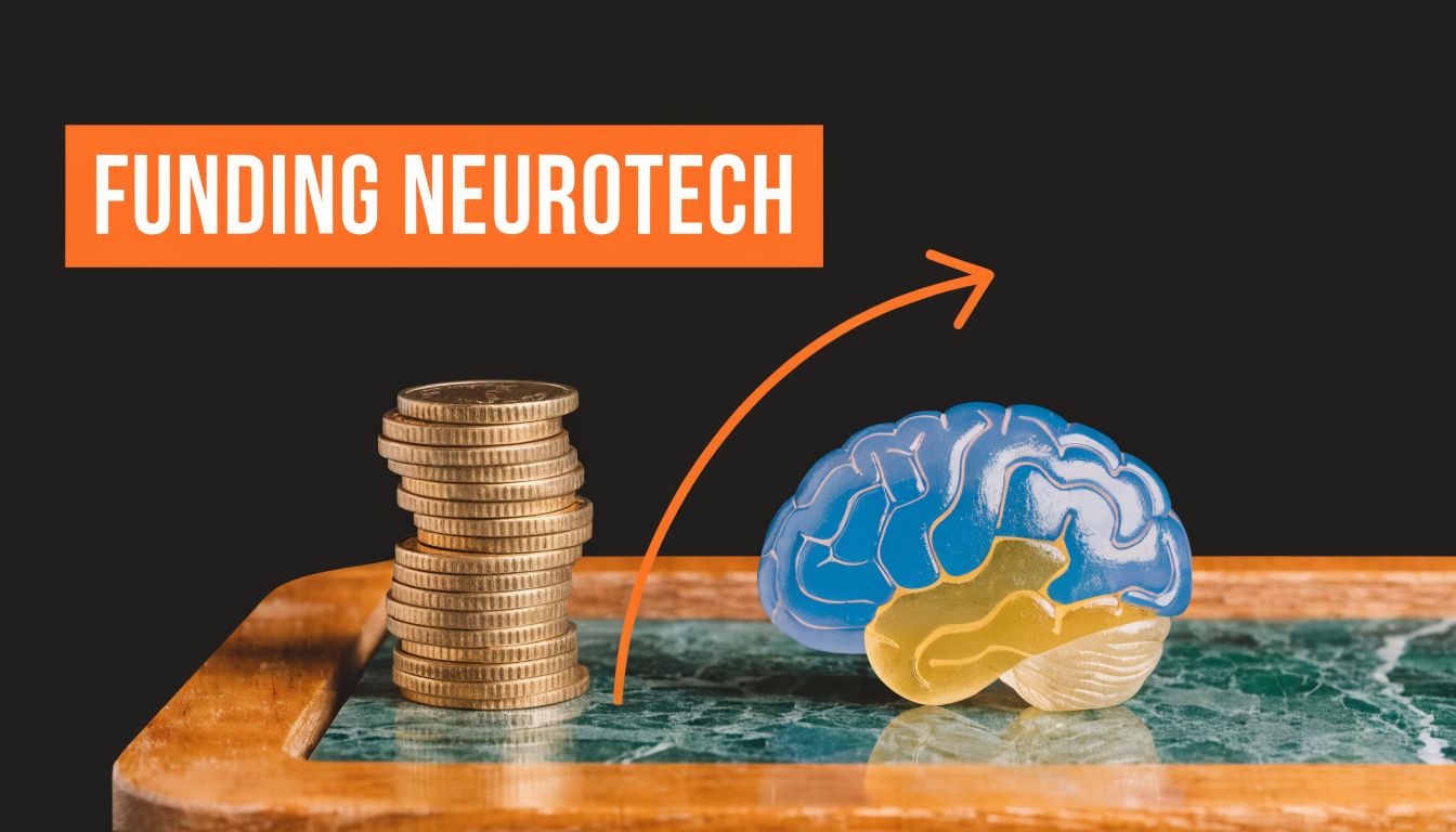 A stack of gold coins and a brain model on a desk with text about neurotech funding.