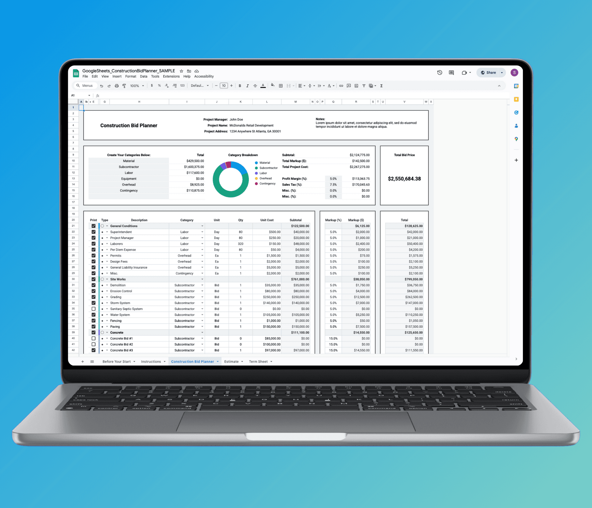 Laptop displaying Mighty Template Construction Bid Planner Excel template with bid items, cost breakdown, charts, and total pricing