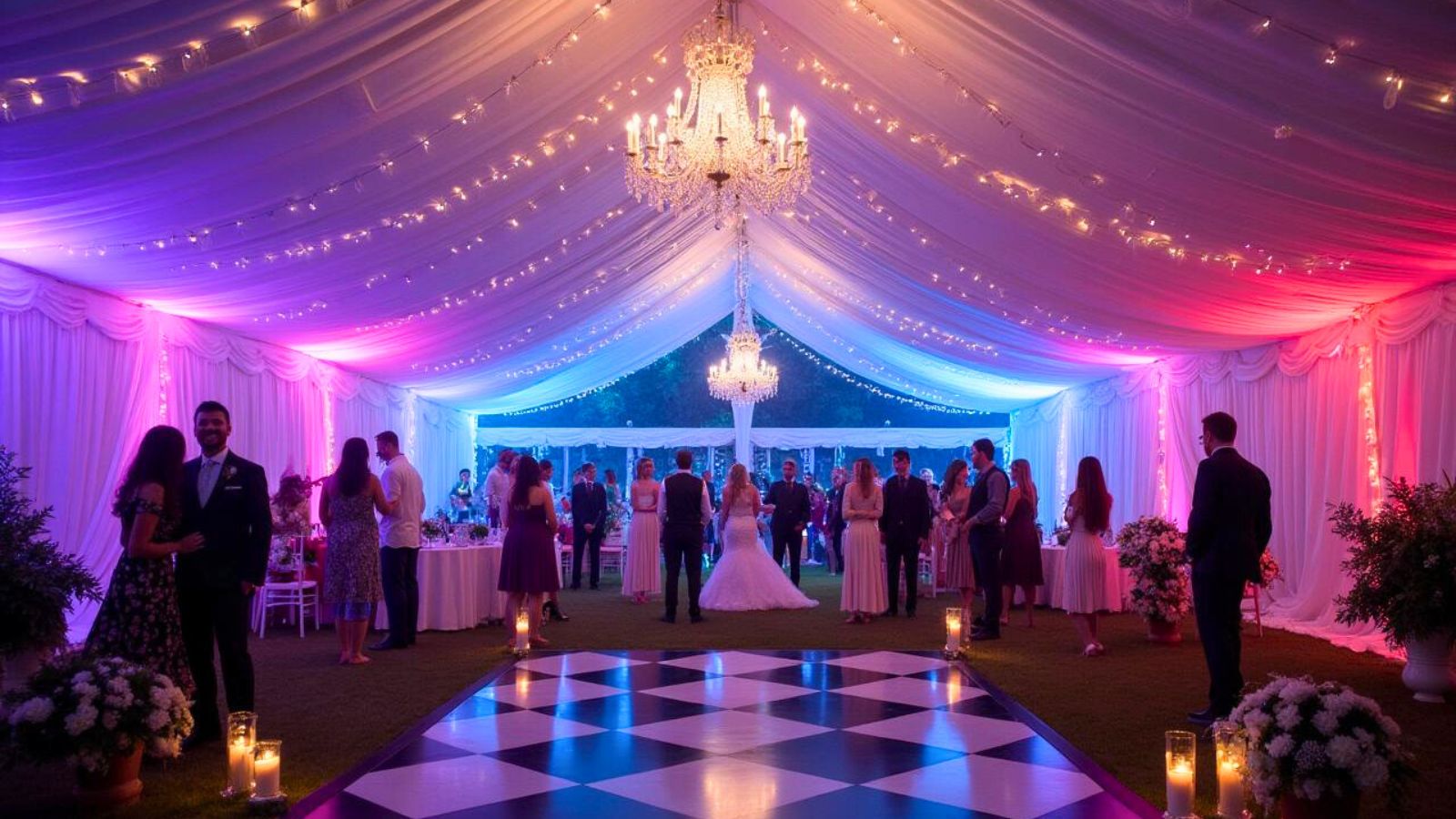A couple celebrating on a lively dance floor at a tented wedding, with colorful lights casting vibrant patterns across the crowd.