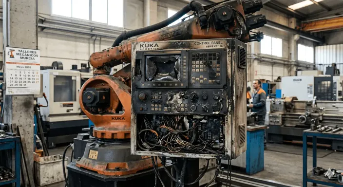 Placa base y cuadro de mandos electrónico de una fresadora CNC destruido por una fuerte subida de tensión.