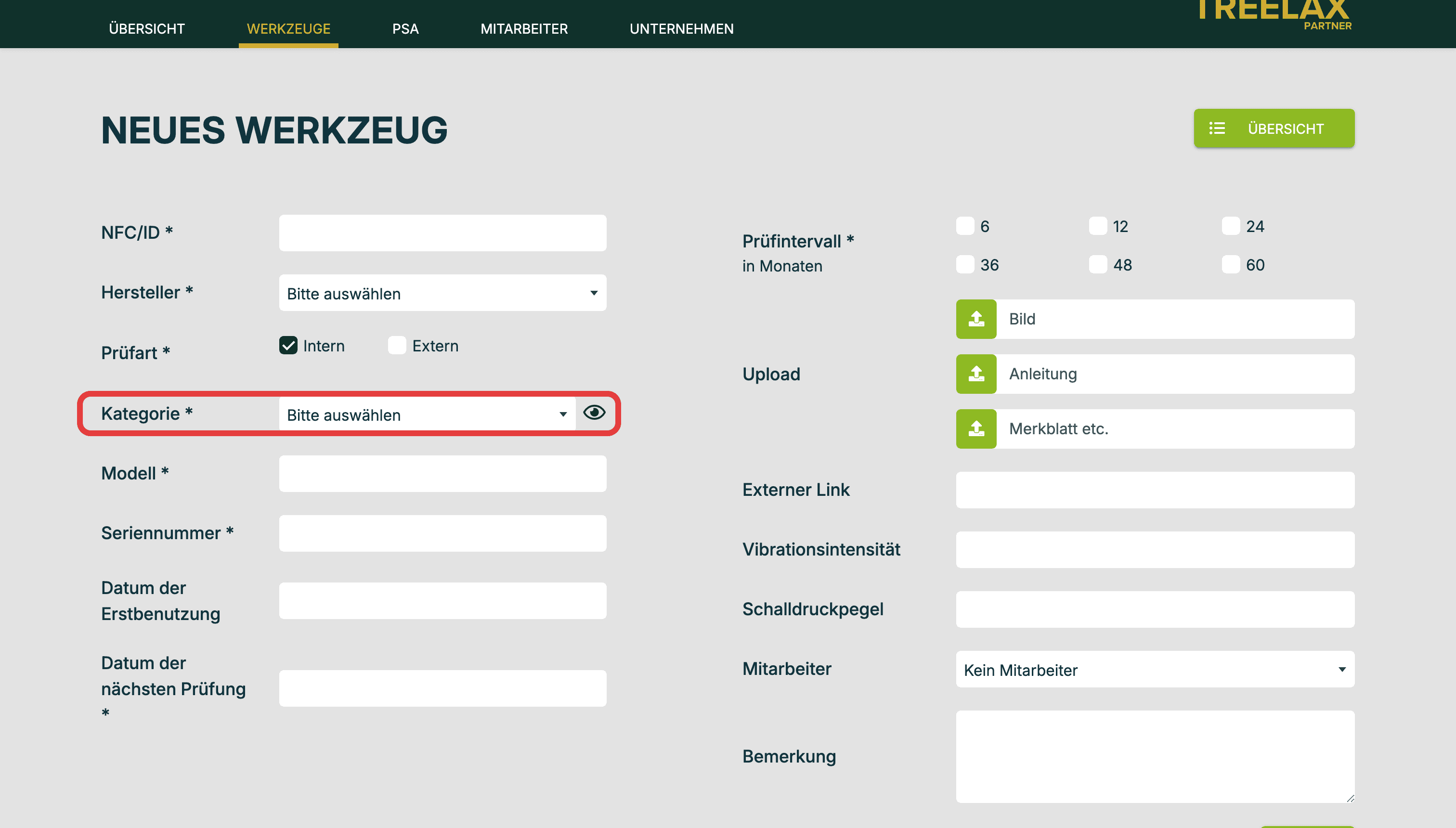 Aus der Kategorie ergibt sich der spätere Prüfbogen — deshalb genau wählen.