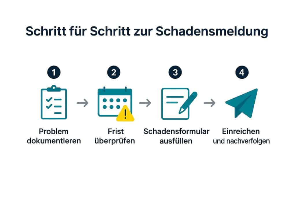 Infografik mit einem typischen Prozess zur Schadensmeldung. Schritt 1: Problem dokumentieren. Schritt 2: Frist überprüfen. Schritt 3: Schadensformular ausfüllen. Schritt 4: Einreichen und nachverfolgen