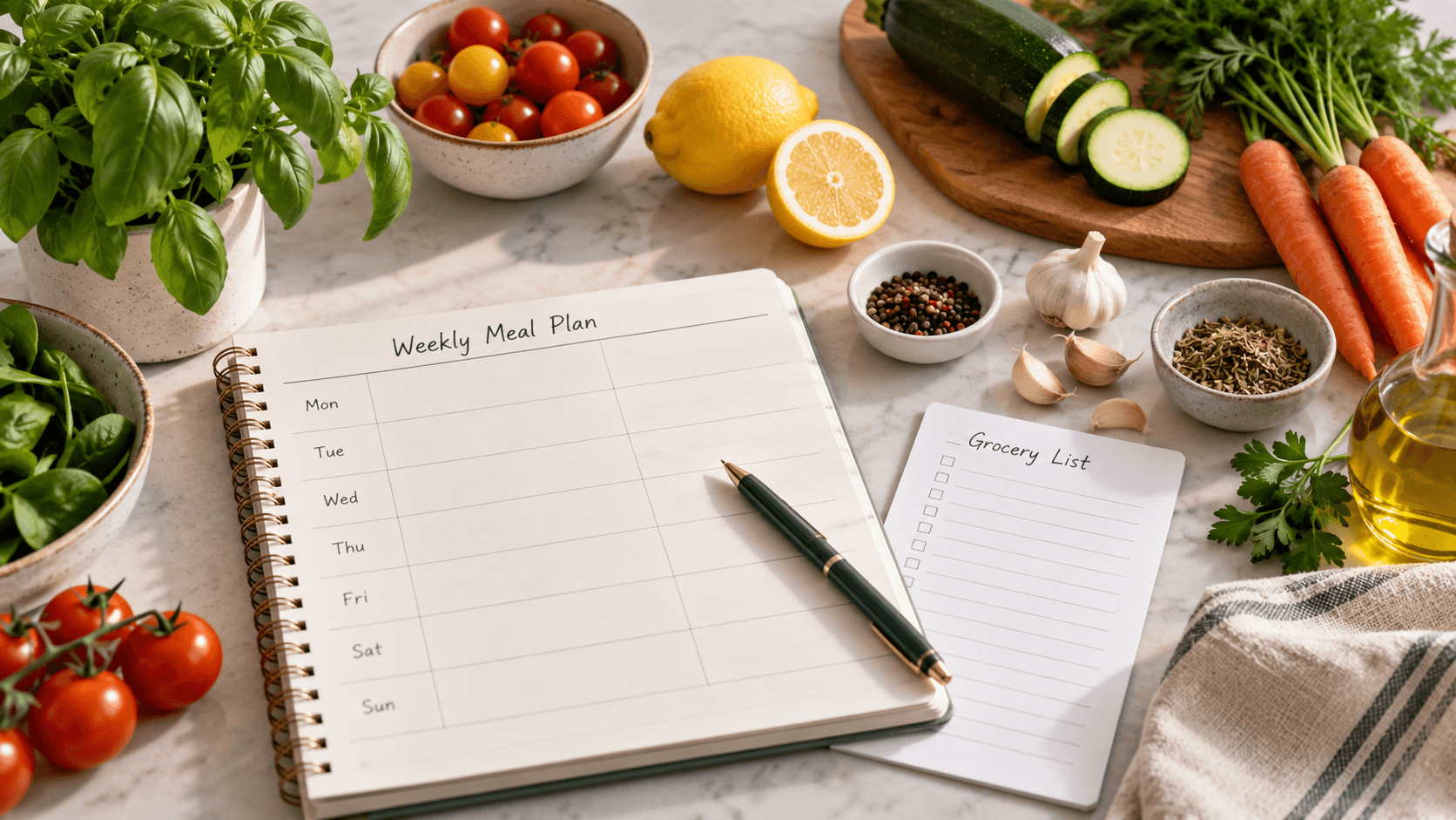 Weekly meal planner with fresh vegetables and healthy ingredients