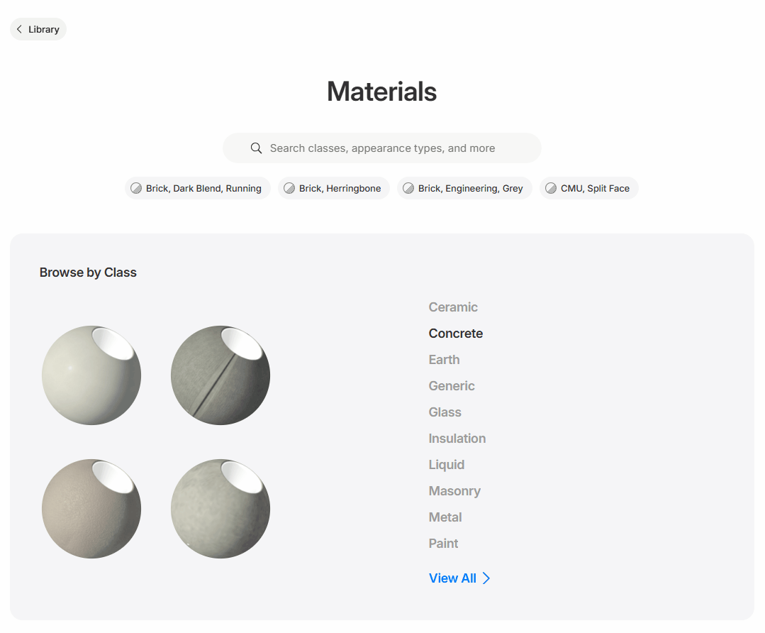 The main landing page for materials in the library, showing materials organized by material class.