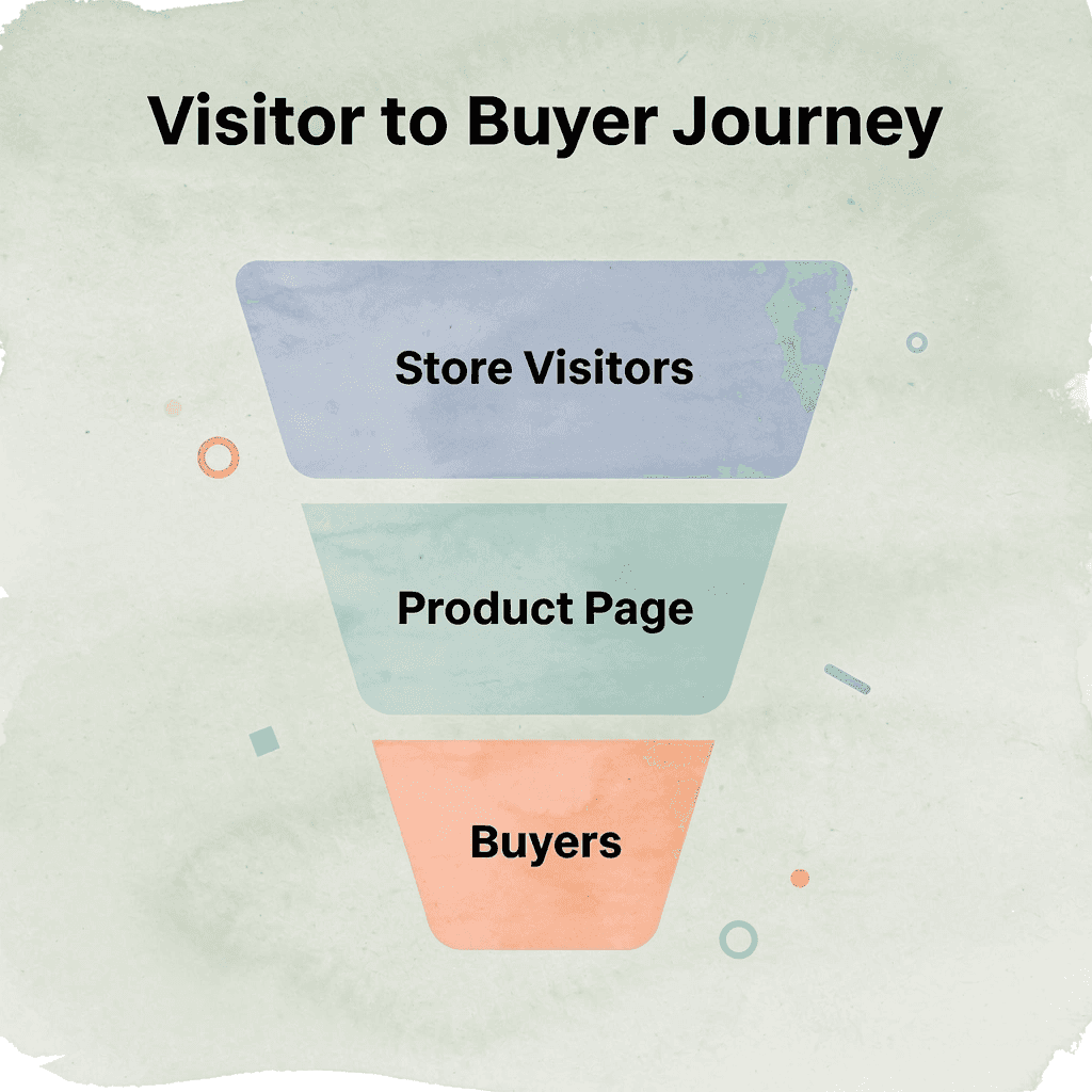 Funnel infographic showing the journey from store visitors to buyers