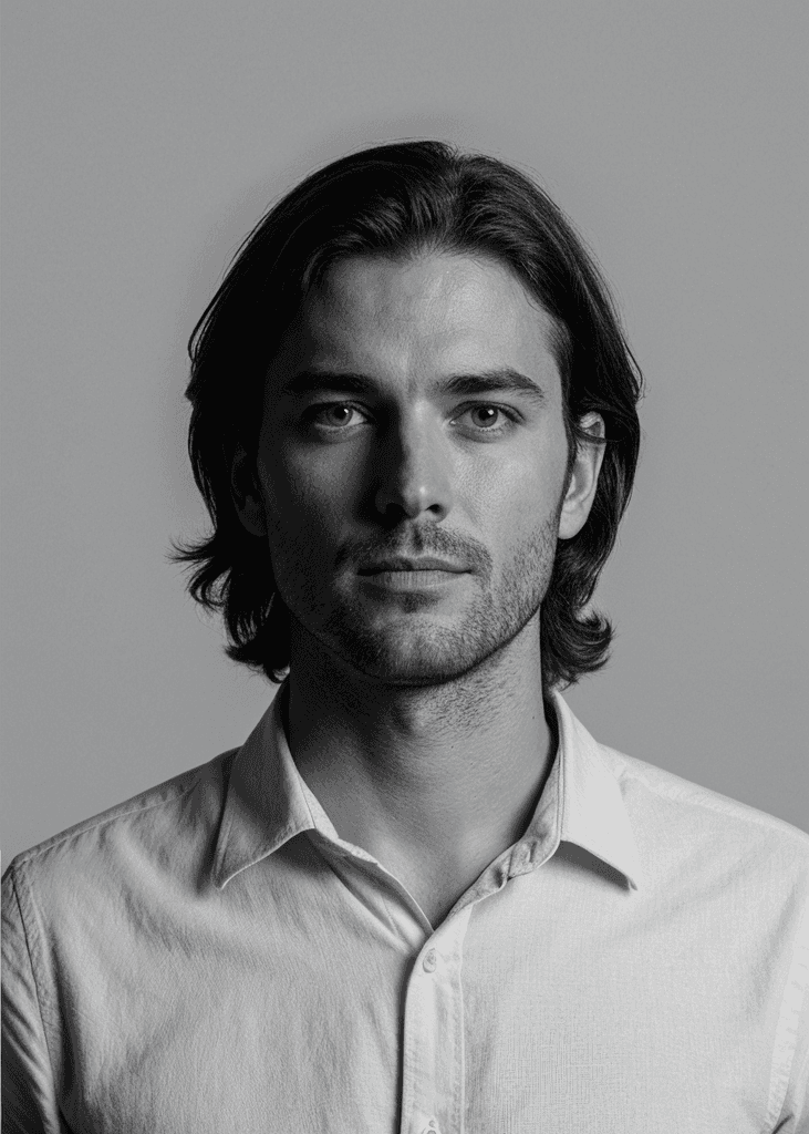 Black and white portrait of James Kirk, Lead Developer at Solra