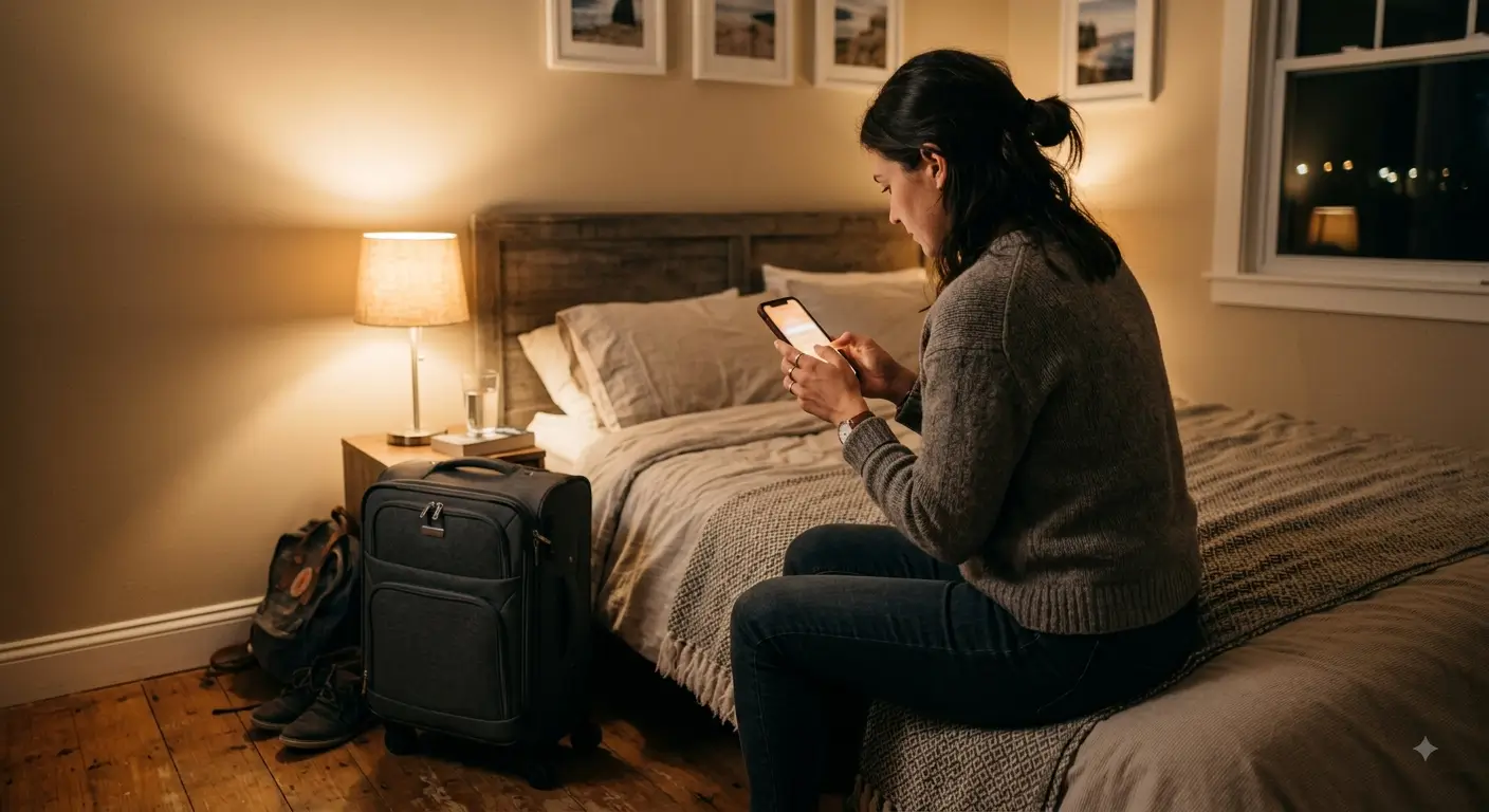 A guest looking something up on their phone in a vacation rental bedroom on arrival night.