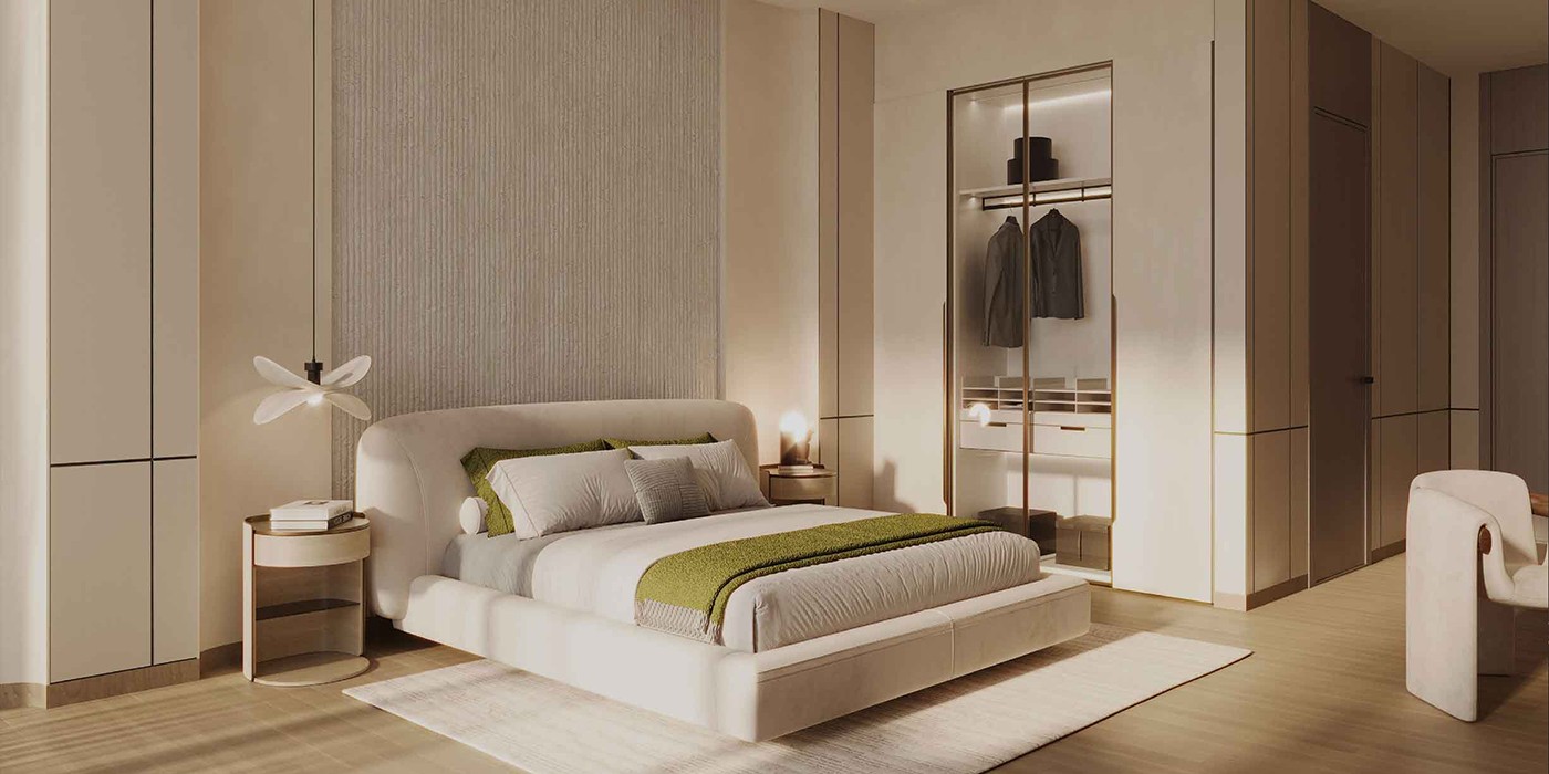 A cozy bedroom featuring a bed, dresser, and closet, with access to sky terraces for outdoor views.