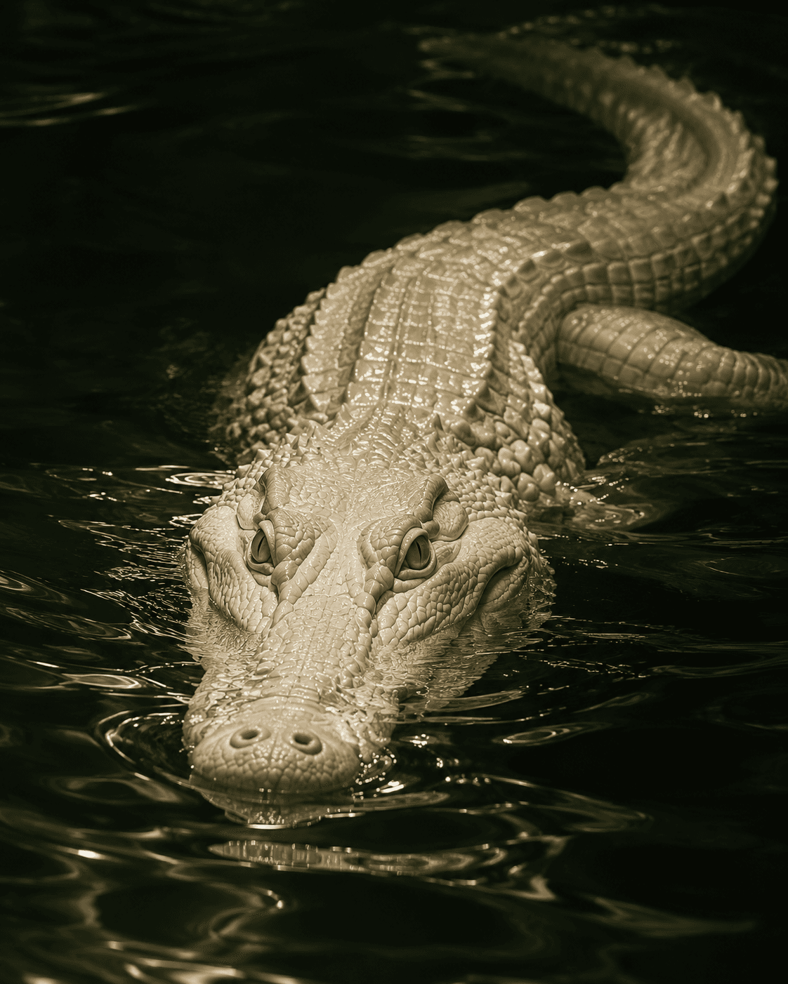 A sculptural albino alligator mounted on a dark green wall, from the ROOTS project.