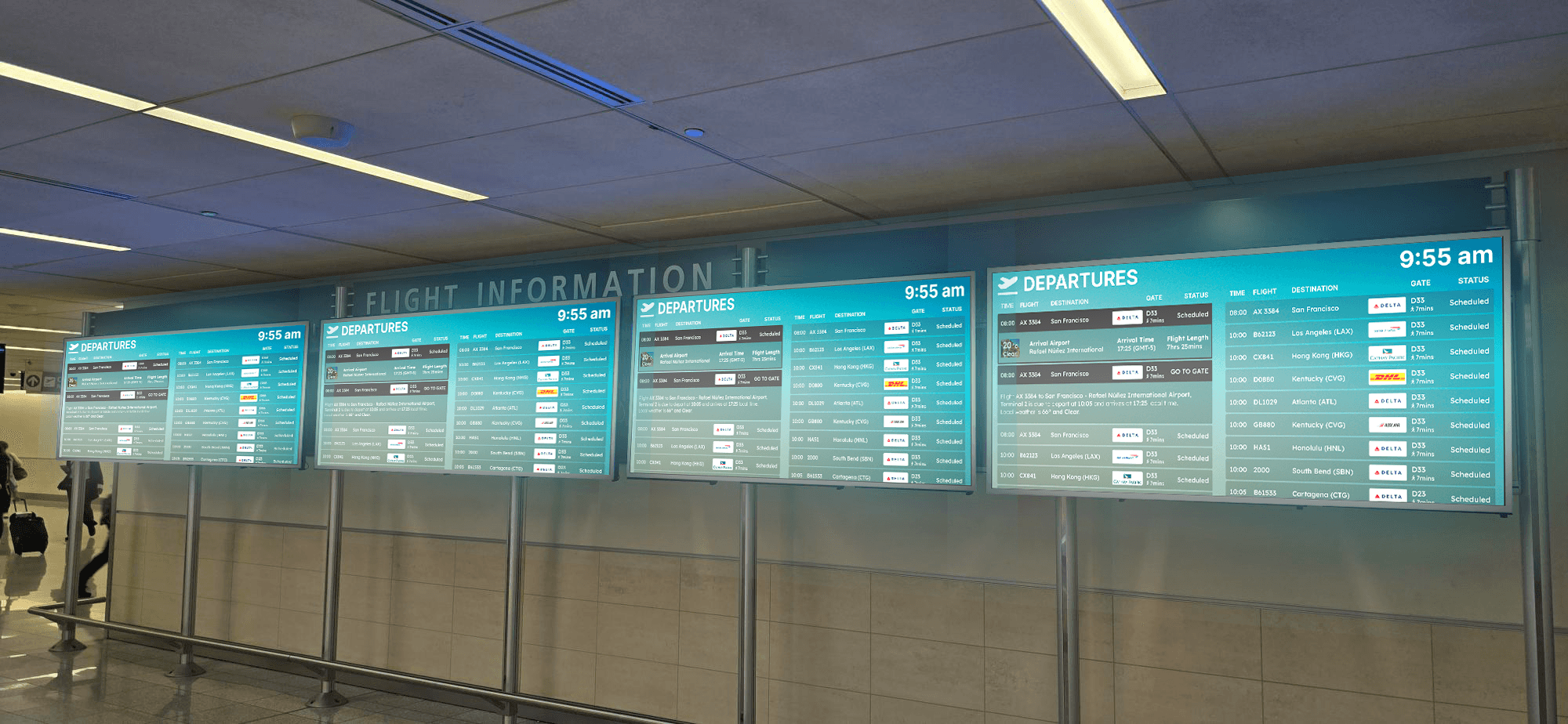 A mock up of Smart FIDS across multiple screens