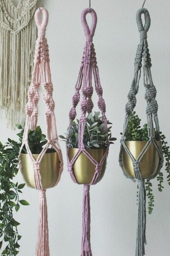 Handcrafted colored cotton macrame hanging planter set