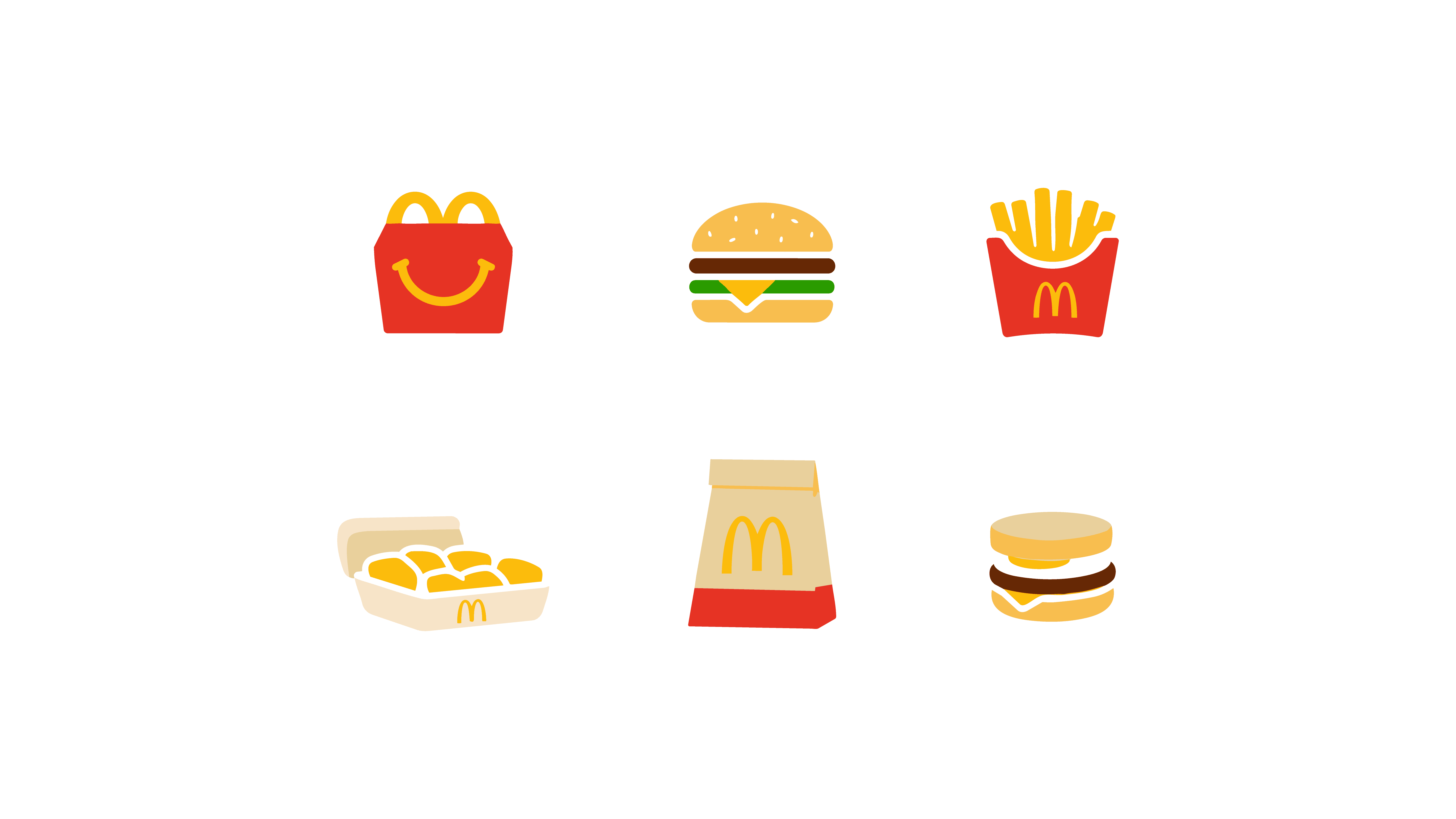 A set of simplified fast-food icons using the same colors, shapes, and visual style across different food items.