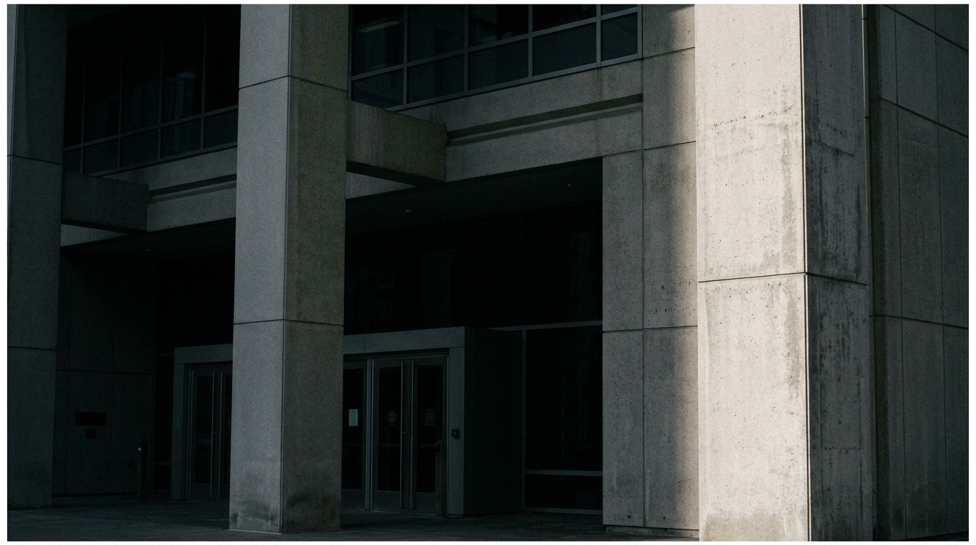 Exterior of a modern institutional building with tall concrete columns and recessed glass entry doors. Most of the facade is absorbed in deep shadow beneath an overhang, while a narrow section of the right column is struck by hard daylight, creating a sharp contrast between illuminated concrete and darkened recesses. The entrance sits centered in darkness, with reflective glass panels barely revealing the interior. Clean architectural lines, neutral tones, and no visible activity or people in frame.