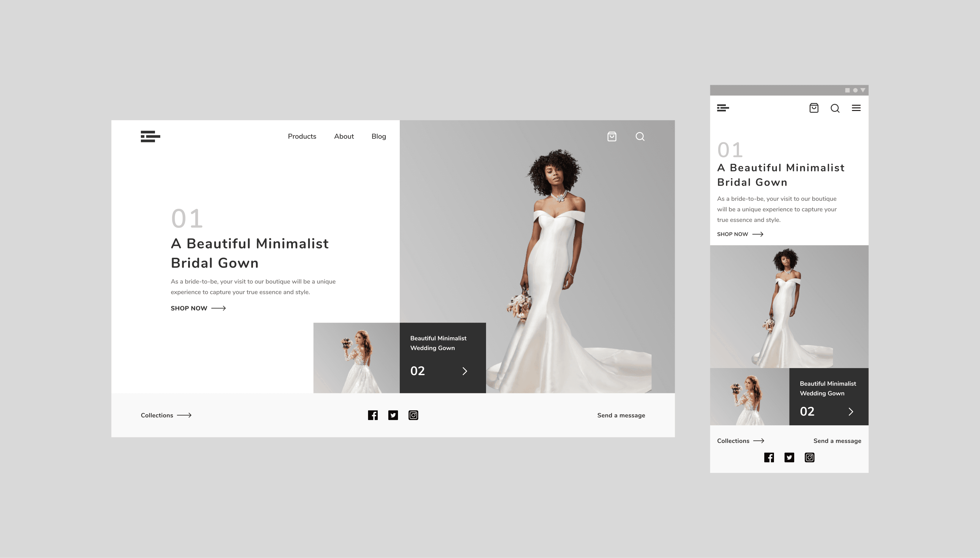 landing page shot for web and mobile for an e-commerce sotor for bridal dress