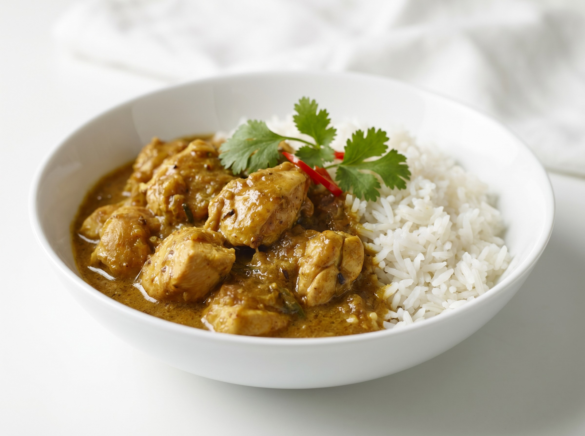 Chicken curry with rice in a white bowl. Indian food.
