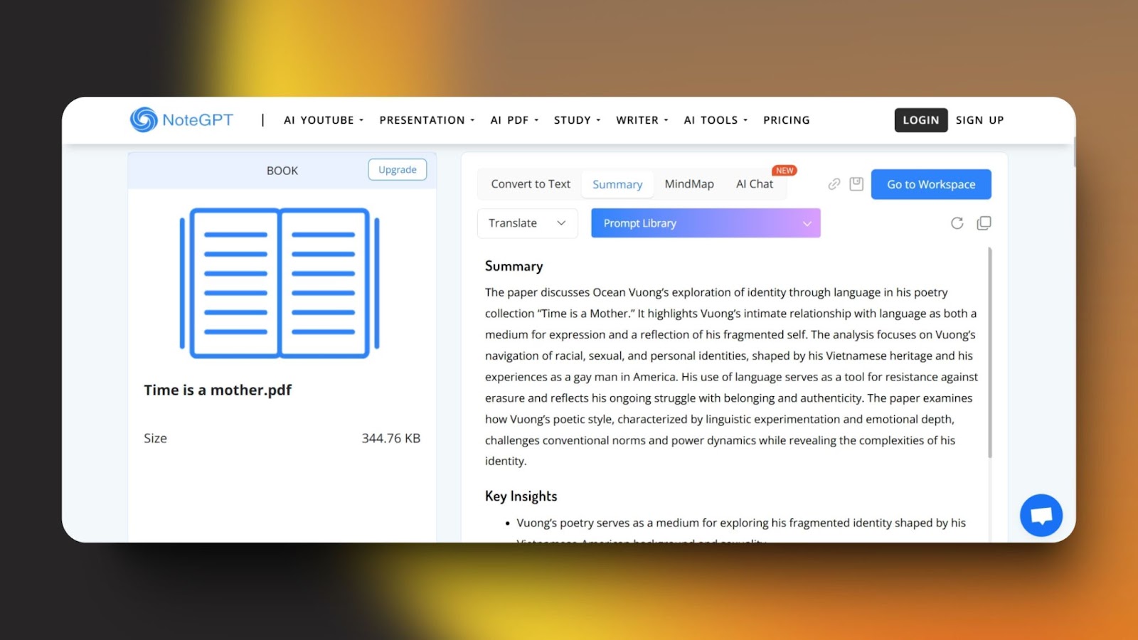 screenshot of NoteGPT summarizing a PDF titled "Time is a Mother" with insights on language, identity, and a detailed analytical breakdown.