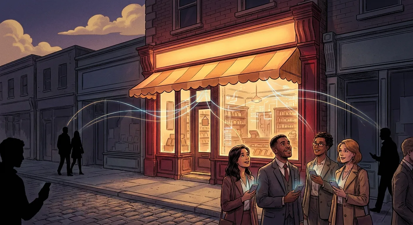 People using phones outside a lit shop, representing RockN' Socials Digital Marketing Agency.