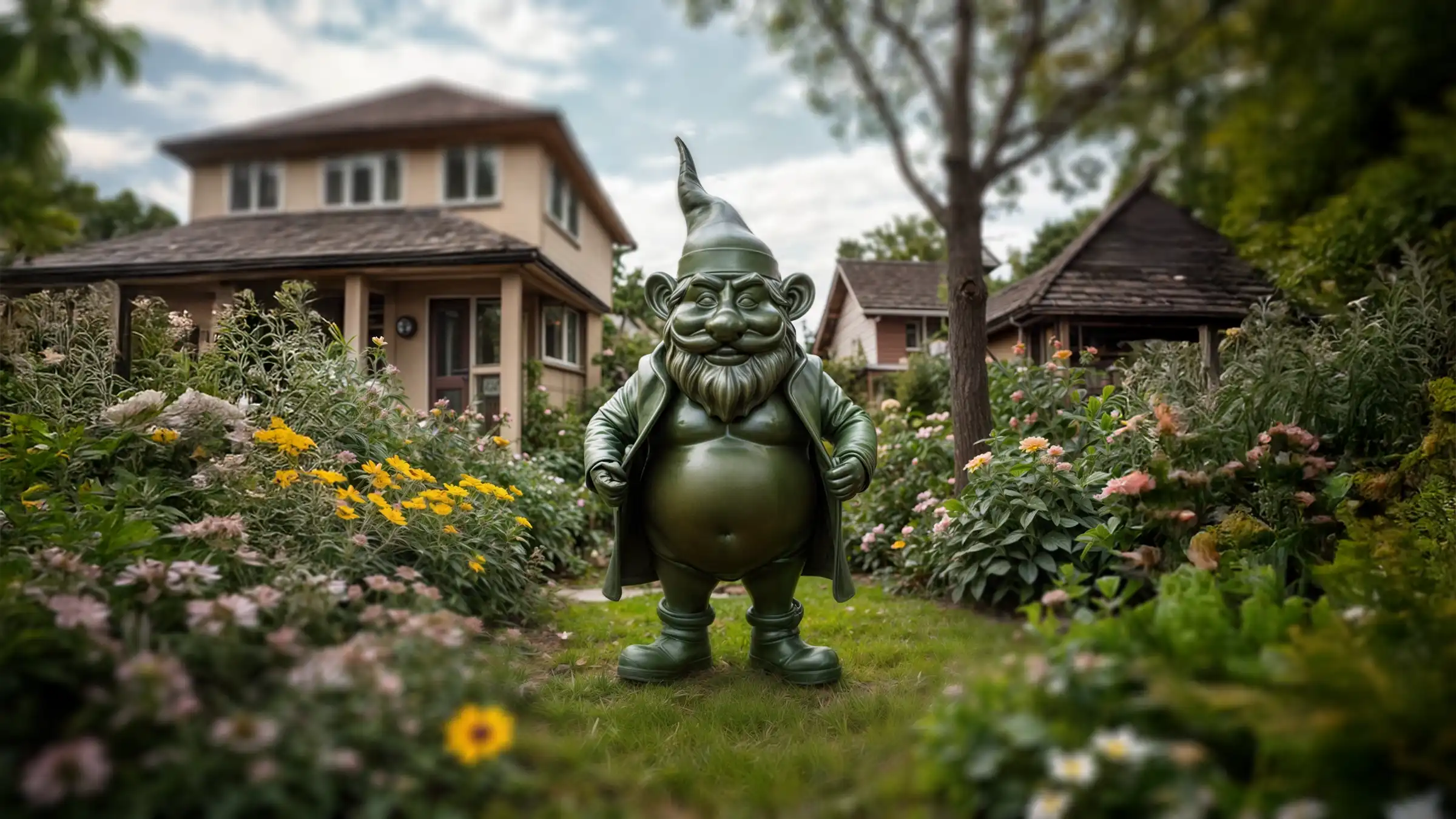 sfeerbeeld van de tuinkabouter in een klassieke tuin met bloemen