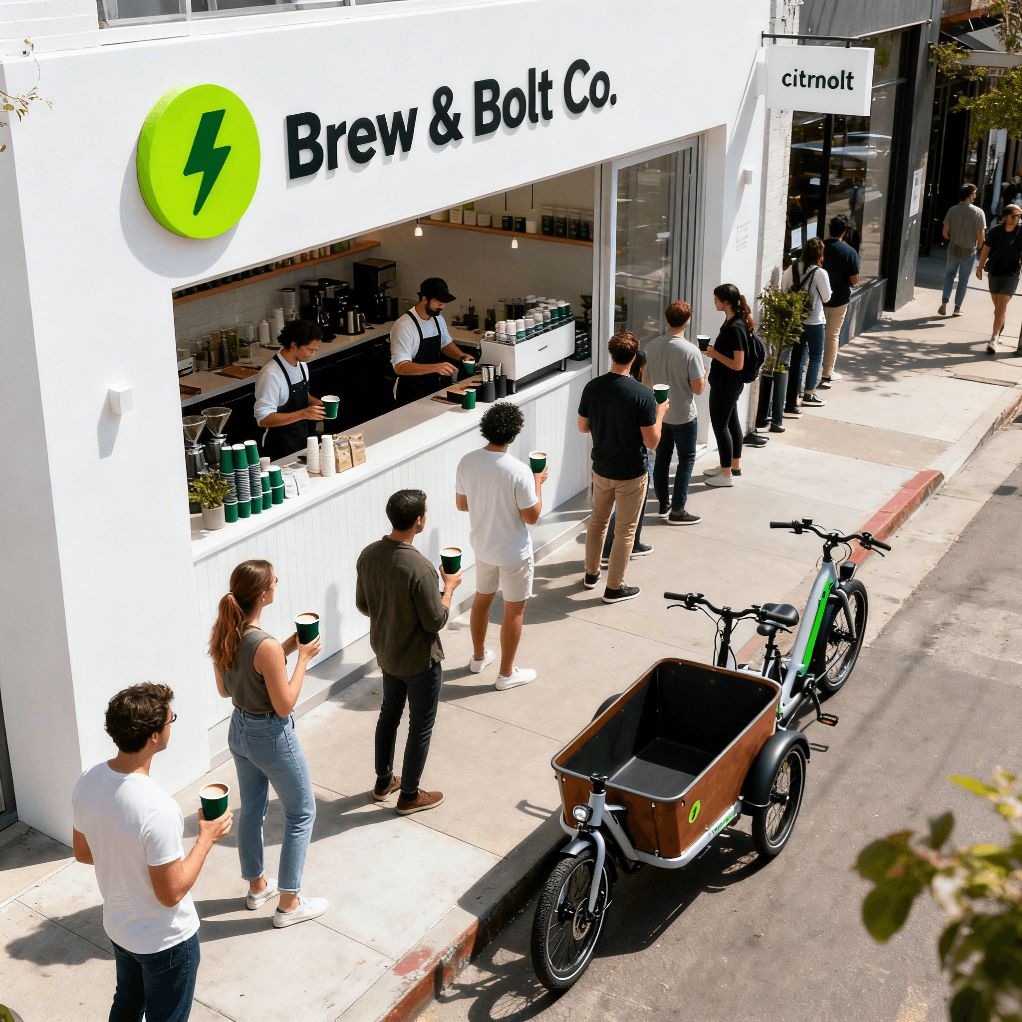 Modern white cafe exterior with green bolt logo and customer queue.