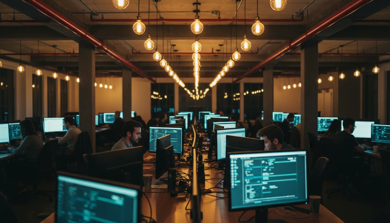 DSLR photograph of a busy enterprise IT team working at night in a modern, industrial loft office. The view is from behind, looking down a long row of shared wooden desks. The high, exposed ceiling features prominent red pipes and long strings of hanging, warm, glowing round lightbulbs that create lines receding into the distance. Cinematic contrast lighting with a warm ambient glow contrasting the cool cyan light from dozens of active computer monitors displaying abstracted UI elements. Wide-angle shot with a shallow depth of field, creating a sense of a deep, productive workspace.