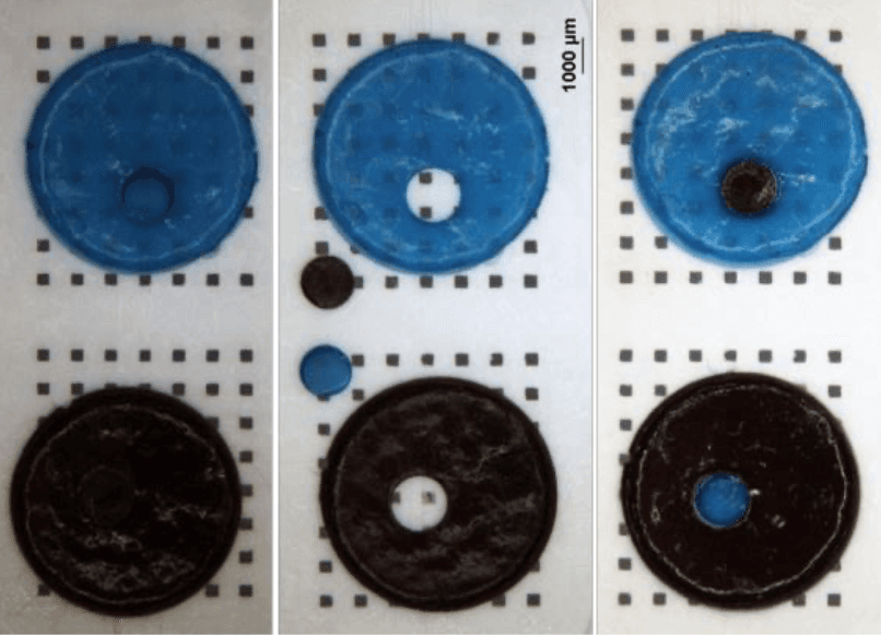 A collection of six images displaying a blue and black stemcell-disc with a hole in the center.