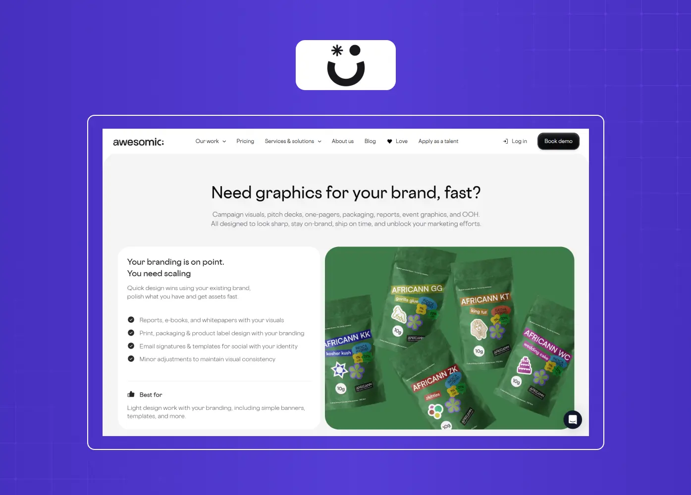 Landing page promoting on-demand graphic design services with examples of branding, packaging, and marketing deliverables.