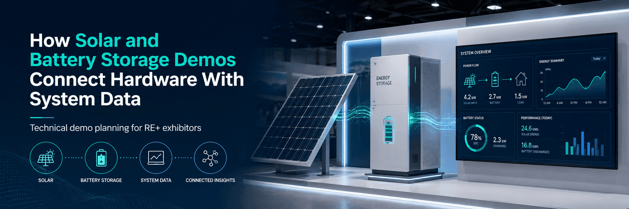 Solar and battery storage trade show demo connecting physical hardware with monitoring screens and system data