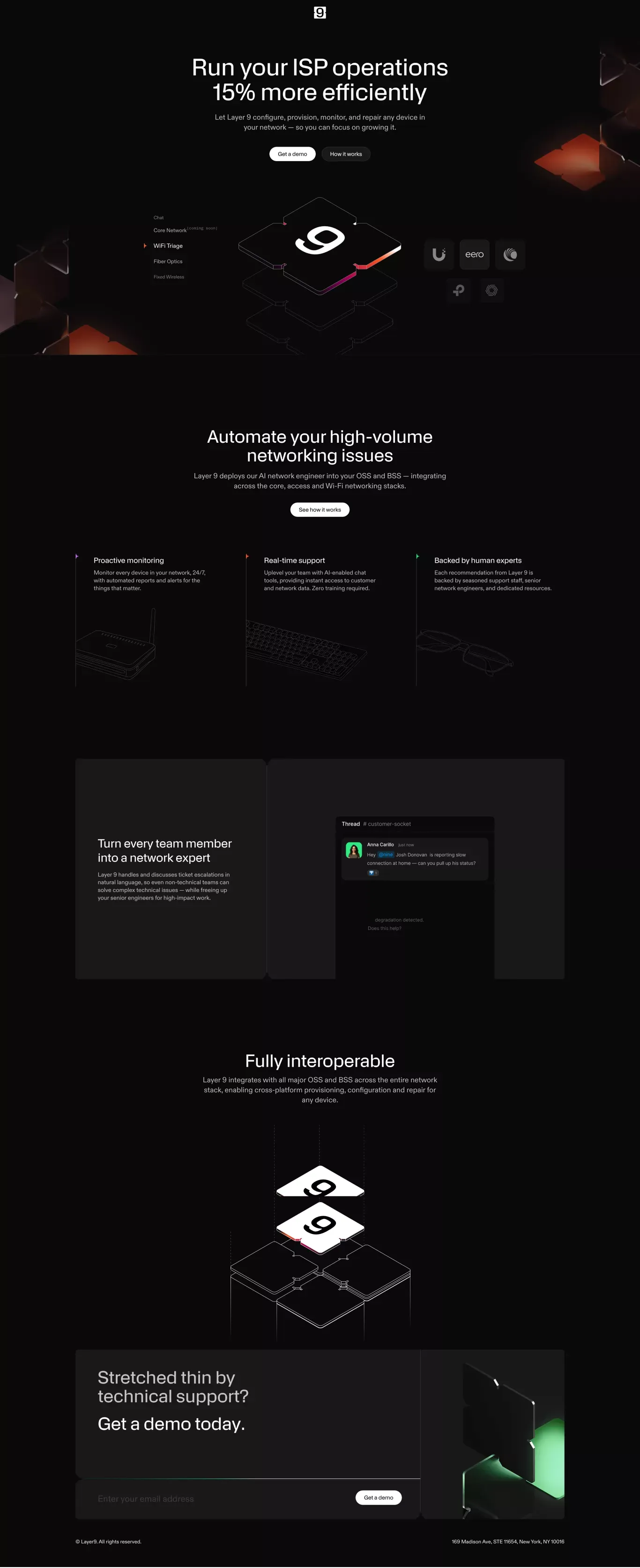 Layer 9 landing page screenshot showcasing Tech design