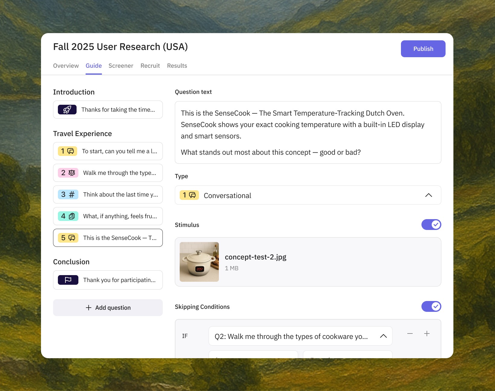 User research guide editor with questions and stimulus image